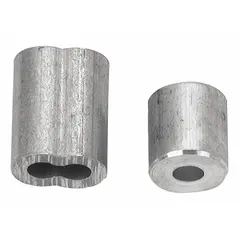 Set of four oval sleeves with a thimble for terminating 1/8 in wire rope. Used to create secure loops or eyes in rigging and lifting applications. The thimble protects the rope eye from abrasion at connection points.