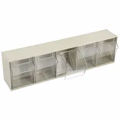 Tip-out bin unit with 5 beige bins for organizing small parts in industrial workstations, assembly lines, and maintenance areas. Supports frame, freestanding, rail, or wall mounting. Dimensions: 5 3/8 in x 23 5/8 in x 6 1/2 in.