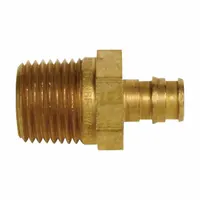 Brass barbed tube fitting with expansion PEX connection method. Connects PEX tubing to NPT threaded ports. Suitable for plumbing and hydronic heating systems