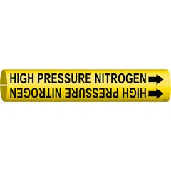 Yellow snap-on pipe marker with black legend reading 'High Pressure Nitrogen' and directional arrows. Fits pipe outer diameters from 3/4 to 1-3/8 inches. Used to identify high-pressure nitrogen lines in piping systems, aiding in compliance with pipe-marking standards.