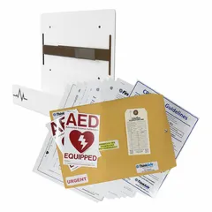 This wall-mounted defibrillator storage cabinet is constructed from white steel and includes a wall mount bracket for secure installation. It is designed to store an AED in accessible locations such as workplaces, schools, and public facilities. The cabinet does not include an alarm.