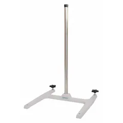 This lab support stand includes a 1 in diameter stainless steel hollow rod. The H-shape base is cast zinc aluminum alloy. Overall length is 17 in and overall width is 16 3/8 in. Used to support clamps, burettes, and other laboratory apparatus.