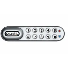 Electronic keypad cabinet and locker lock with a cam latch mechanism. Features a powder-coated finish. Body height 1 5/16 inches, body width 5 3/8 inches. Suitable for securing cabinets, lockers, and enclosures in indoor settings where keyless code entry is desired.