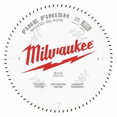 This 12-inch circular saw blade from MILWAUKEE features 80 teeth and a 0.12-inch cut width with a 1-inch arbor. Designed for finishing applications, it produces smooth cuts in wood materials such as hardwoods, softwoods, and plywood. Suitable for trim work, cabinetry, and fine woodworking tasks requiring clean edges.