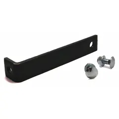 Steel mounting clip with black powder-coated finish for securing wire mesh back guards to heavy-duty welded-frame pallet racks. Includes necessary hardware. Offset design accommodates rack uprights. Used in warehouse aisles to prevent guard displacement from impacts.