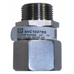 Straight metallic cable grip with 3/4 in MNPT box connection, accommodating cord diameters from 0.63 in to 0.75 in. Constructed with a stainless steel body and silver finish, rated IP66 for water and dust ingress protection. Suitable for hazardous locations classified as Class III, Division 1 & 2. Features a yellow color-coded grommet for easy identification.