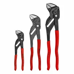 Set of three push-button-adjustable tongue and groove pliers with smooth jaws for non-marring gripping. Maximum jaw openings of 2 in, 1 1/2 in, and 2 1/2 in. Suitable for gripping and turning pipes, fittings, and fasteners in plumbing, automotive, and general maintenance tasks.