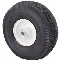 This pneumatic wheel features a 10-inch diameter and 3-inch width, with a rubber tread and a load capacity of 300 lb. It is designed for standard industrial applications such as carts, dollies, and light-duty equipment, providing shock absorption and smooth rolling over uneven surfaces