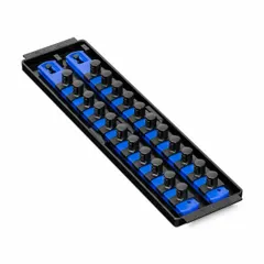 Socket tray with 22 clips for organizing sockets in tool storage. Overall width 3-5/8 in. Suitable for workshops, garages, and maintenance areas to keep sockets accessible and reduce clutter.