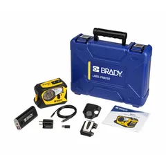 Bluetooth-connected portable printer with 3/4" print width and 203 dpi resolution. Includes battery, AC adapter, M21-750-499 label cartridge, and Express Labels Mobile App. Suitable for on-demand labeling in industrial facilities.