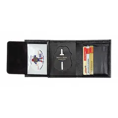 Black leather badge holder measuring 2-3/4 in x 2-3/4 in. Designed to securely display ID badges, access cards, or credentials in industrial and commercial settings such as plant floors, offices, and field service.