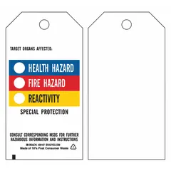 Rectangular white polyester safety tag, 5-3/4 in height by 3 in width, 0.01 in thickness. Includes 25 nylon ties for attachment. Suitable for use in lockout/tagout procedures and general safety identification in industrial settings. Pack of 25 tags.