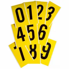 Indoor-only, non-reflective repositionable character set. Includes die-cut Gothic font numbers 0 to 9 in black on a yellow background. Character height is 6 inches. Suitable for facility identification and marking applications.