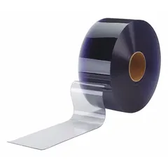 PVC smooth clear strips in a 300 ft roll. Suitable for use as transparent barriers in industrial doorways, walkways, and work areas to control temperature, reduce noise, and block dust while allowing visibility and traffic flow. Minimum operating temperature 0°F.