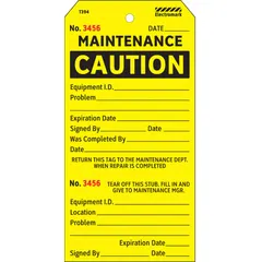 Yellow rectangle cardstock tag for indoor use. Measures 2 7/8 in wide by 5 3/4 in high. Printed in English. Pack of 100. Commonly used for equipment status identification and hazard communication in industrial facilities.