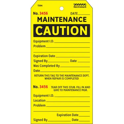 ELECTROMARK Tag: 2 7/8 in Wd, 5 3/4 in Ht, Yellow, Rectangle, Cardstock, Indoor, English - Safety