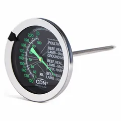 Analog ovenproof meat thermometer with a 2-inch dial and 5 3/8-inch overall length. Features a stainless steel case, glass lens, and target range indication. Accuracy of ±2 °F or ±1 °C. NSF Certified. Suitable for monitoring internal temperatures of meat, poultry, and roasts during oven cooking.