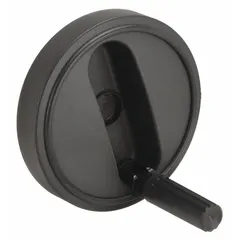 This solid hand wheel features a fold-away handle for space-saving operation. It is made of black thermoplastic and has a 125 mm diameter with a 1/2 in bore. Suitable for manual control and adjustment on industrial machinery, valves, and equipment.