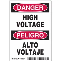 Adhesive polyester sign warning of high voltage hazards. Nominal size 5 in x 3 1/2 in, 0.01 in thick. Sold in packs of 5. Suitable for mounting on equipment, panels, or walls in industrial environments where electrical danger exists