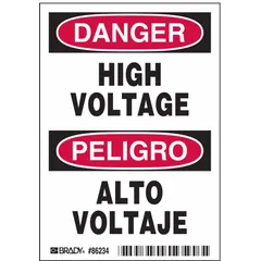 Adhesive polyester sign warning of high voltage hazards. Nominal size 5 in x 3 1/2 in, 0.01 in thick. Sold in packs of 5. Suitable for mounting on equipment, panels, or walls in industrial environments where electrical danger exists.