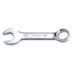 This combination wrench features a 12-point box end and an open end, with a 19 mm head size and offset design for improved access in confined spaces. The satin finish provides a corrosion-resistant surface. Overall length is 5 3/8 inches. Suitable for tightening or loosening metric fasteners in automotive, machinery, and general assembly applications.