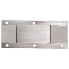 This KEEDEX standard latch guard is made of stainless steel with a width of 3 1/2 inches. It is designed to protect lever door handles from impact and wear in high-traffic areas such as industrial facilities and warehouses.
