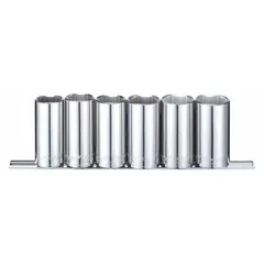 This 6-piece socket set includes metric deep sockets with a 3/8 in drive, sized from 20 mm to 25 mm. The 6-point design provides a secure grip on hex fasteners. Tether-ready for safety in elevated work. Suitable for tightening or loosening metric nuts and bolts in automotive, industrial, and mechanical applications.