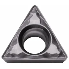 PVD carbide triangle turning insert for precision turning and finishing operations. Suitable for medium to light machining on steel, stainless steel, and cast iron. Geometry optimized for low cutting forces and chip control.