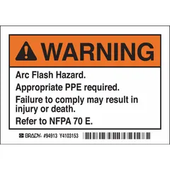 Adhesive-mounted polyester sign warning of arc flash hazards. Nominal size 3 1/2 x 5 inches, 0.01 inch thick. Not retroreflective or glow-in-the-dark. Supplied in packs of 5 for application on electrical equipment surfaces.