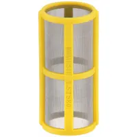 Replacement inline strainer screen for BANJO strainer systems. Features 316 stainless steel mesh with 0.007 in openings to filter particulates from liquids. Yellow color for easy identification. Used in agricultural, industrial, and irrigation applications to protect downstream equipment