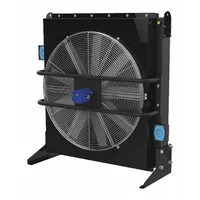 Hydraulic motor driven forced air oil cooler designed to remove 500 hp of heat. Supports maximum flow of 350 gpm and maximum pressure of 377 psi. Features a 3 in SAE 4 Bolt Flange connection. Used for oil temperature control in hydraulic systems