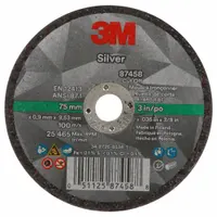 3M 87458 is a Type 1 cut-off wheel with ceramic abrasive, 60 grit, and dimensions 3" x 0.035" x 3/8". Designed for cool-cutting of carbon and stainless steel, it minimizes heat buildup during precision cutting in metal fabrication, maintenance, and repair applications
