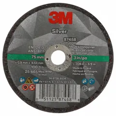 3M 87458 is a Type 1 cut-off wheel with ceramic abrasive, 60 grit, and dimensions 3" x 0.035" x 3/8". Designed for cool-cutting of carbon and stainless steel, it minimizes heat buildup during precision cutting in metal fabrication, maintenance, and repair applications.