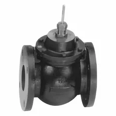 2-way flanged globe valve with cast iron body and stainless steel stem. Normally open (NO) configuration with stem down to close action. CV flow rating of 51 and 2-1/2 in flanged connection. Used in hydronic HVAC systems for regulating water flow in heating and cooling applications.