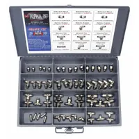 This 60-piece kit includes brass push-to-connect fittings in connector, elbow, tee, and union shapes. Used for constructing and repairing pneumatic tubing systems in industrial automation, packaging, and material handling equipment