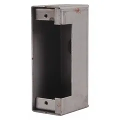 Steel weldable electric strike box for gate installations. Silver unfinished finish. Includes mounting hardware and one mounting hole. Used to provide a secure mounting point for electric strikes on metal gates, enabling integration with access control systems.