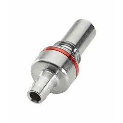 This chrome-plated brass quick-disconnect tube fitting features a 3/8 in ID with a barbed end and a quick-disconnect coupler, finished in Warm Red. It is used for secure, straightforward tube connections in industrial fluid-handling systems, including pneumatic, hydraulic, and coolant applications where reliable coupling and uncoupling are required.