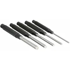 This 5-piece punch set includes flat-tip punches with tip diameters of 1/4 in, 1/8 in, 3/8 in, 3/16 in, and 5/16 in. Each punch has a 3 1/2 in taper length. Used for removing drive pins and aligning holes in metal assemblies during maintenance and repair tasks.