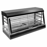 Heated display case with three adjustable stainless steel shelves, rated at 1440 W. Black finish. Used to hold and display prepared food products at serving temperature in cafeterias, buffets, and convenience stores