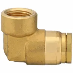 Brass push-to-connect x FNPT adapter elbow fitting for connecting 1/2 in OD tubing to a 3/8 in female NPT port. Used in air brake systems and pneumatic circuits for tool-free, leak-free connections.