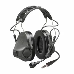 Helmet-mounted wired earmuff with 23 dB NRR for listen-and-talk two-way radio communication. Gray, non-foldable, includes (2) AAA alkaline batteries. Not intrinsically safe. Suitable for noisy environments requiring hearing protection and clear voice transmission.