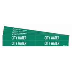 Green pipe markers with white 'City Water' legend, designed for pipes with outer diameters from 3/4 to 2-3/8 inches. Each pack contains 4 adhesive-backed markers without arrows, used to identify city water lines in industrial piping systems.