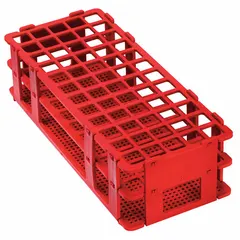 Benchtop test tube rack made of red polypropylene. Overall dimensions: 4 1/8 in wide, 2 1/2 in high, 9 3/4 in long. Holds up to 60 test tubes. Suitable for organizing and storing tubes in laboratory settings.