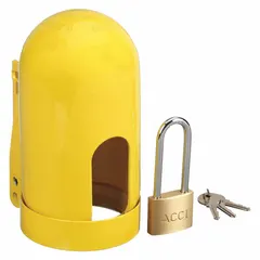 This lockout device is designed for high-pressure gas cylinders with coarse threads. It secures the cylinder valve during transport to prevent accidental opening. Typical applications include industrial facilities where gas cylinders are moved or stored.