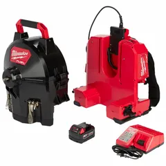 This cordless drum machine is powered by the M18 battery system and features a switch pack for operation. It is designed for use with pipes from 1-1/4 in to 4 in diameter and utilizes a 3/8 in cable. Suitable for drain cleaning in residential and commercial plumbing applications.