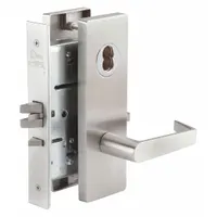 This office lever lockset is constructed with a satin stainless steel finish and is ADA compliant. It features an MR136 Philadelphia function, allowing key-locking from the outside with a turn-piece inside, and an F13 keyway. Suitable for commercial interior doors such as offices and meeting rooms
