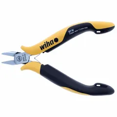 These ESD-safe flush-cut pliers feature a pointed jaw design for precision trimming of component leads, wires, and small cables in electronics assembly and repair. The flush cutting edge leaves a clean, flat surface suitable for circuit boards and sensitive equipment. Overall length is 4 1/2 inches with a 1/2-inch jaw length.