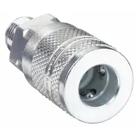 Steel quick-connect air coupling body with 1/4"-18 male NPT threads and 1/4" male hose fitting. Sleeve locking type for secure connections in pneumatic systems. Suitable for compressed air lines in industrial interchange applications