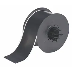 Continuous thermal transfer label roll, 2 1/4 in x 100 ft, made of polyester with a black gloss finish for outdoor use. Compatible with Brady S3100 printer series. Used for industrial labeling such as asset identification, pipe marking, and safety signage.