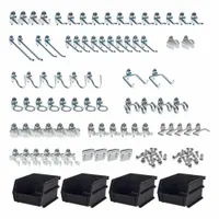 This hook and bin assortment kit is designed for round-hole pegboard with 1/4 in and 1/8 in peg holes and 1 in hole spacing. Includes ten 2-1/2 in single rod 30° bends made of steel with a zinc-plated silver finish. The screw-in locking system secures accessories for surface mounting in workshops or garages